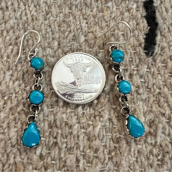 ❤️ Kingman Turquoise Sterling 3 Stone Statement Navajo Dangle Earrings 2.13”L - Picture 7 of 13